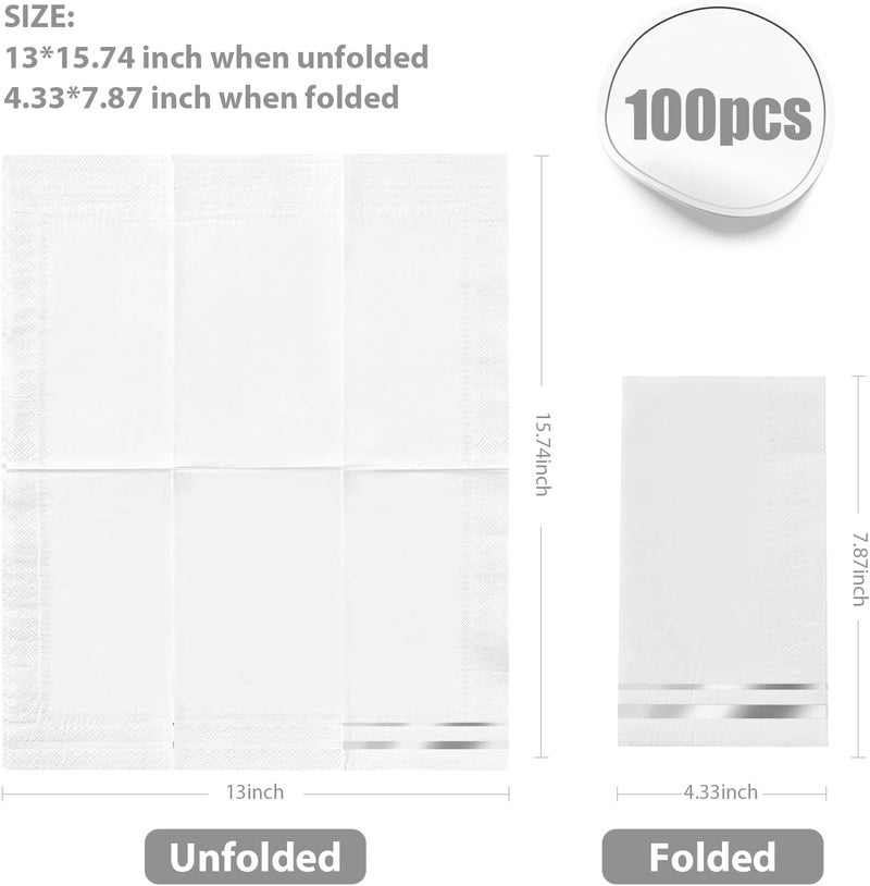 Tamone 100PCS 3-Ply Silver Napkins - White and Silver Napkins Disposable - Premium Quality Dinner Napkins Soft and Absorbent for Wedding Party Birthday - Image 2